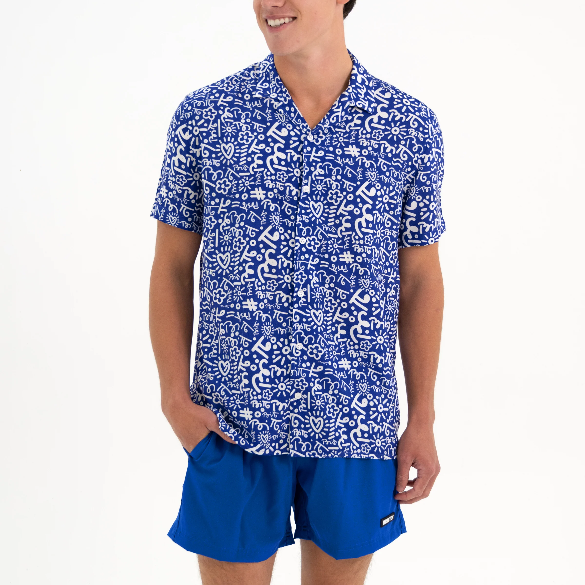 Blue Graffiti Men's Short Sleeve Button Down Shirt - Image 11