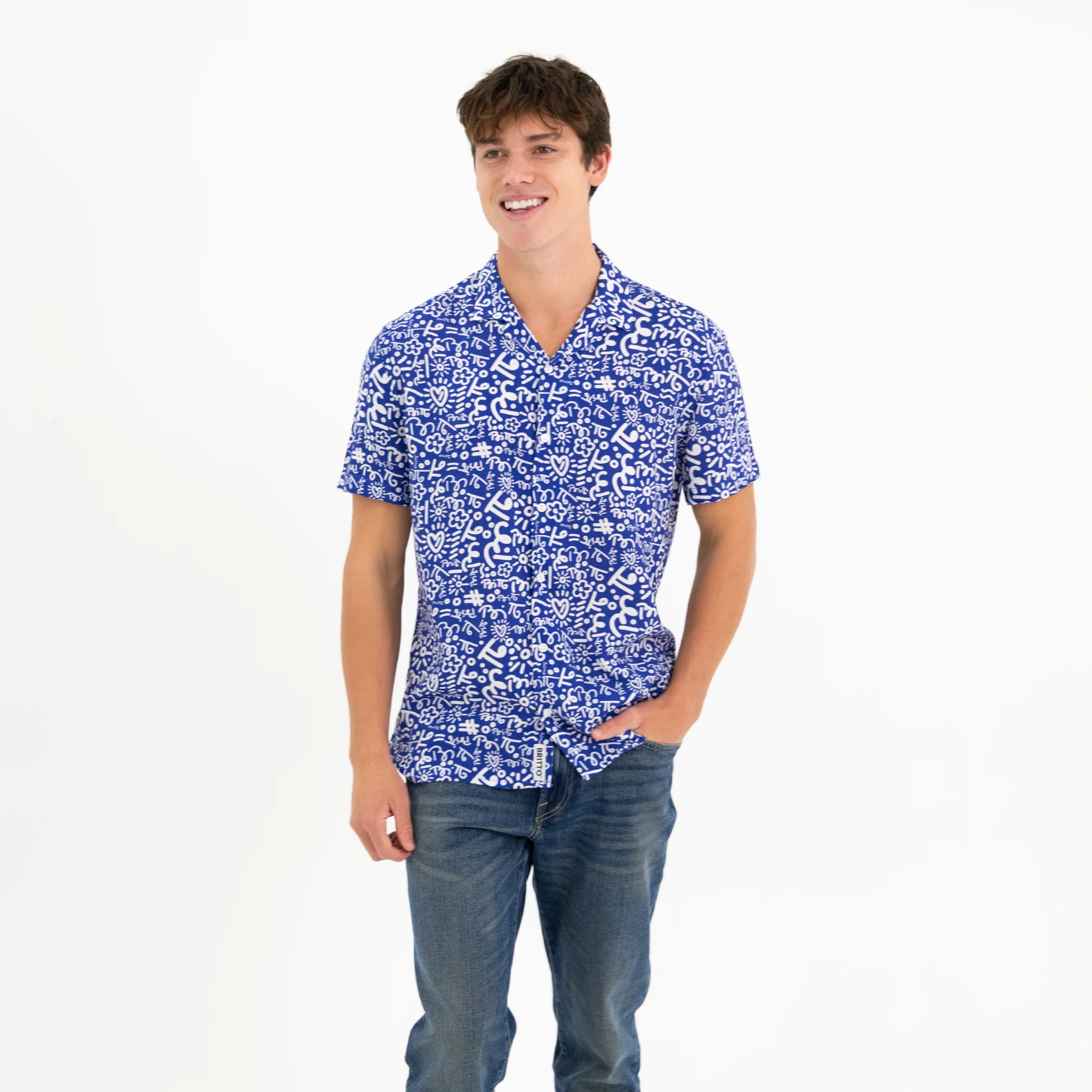 Blue Graffiti Men's Short Sleeve Button Down Shirt - Image 2