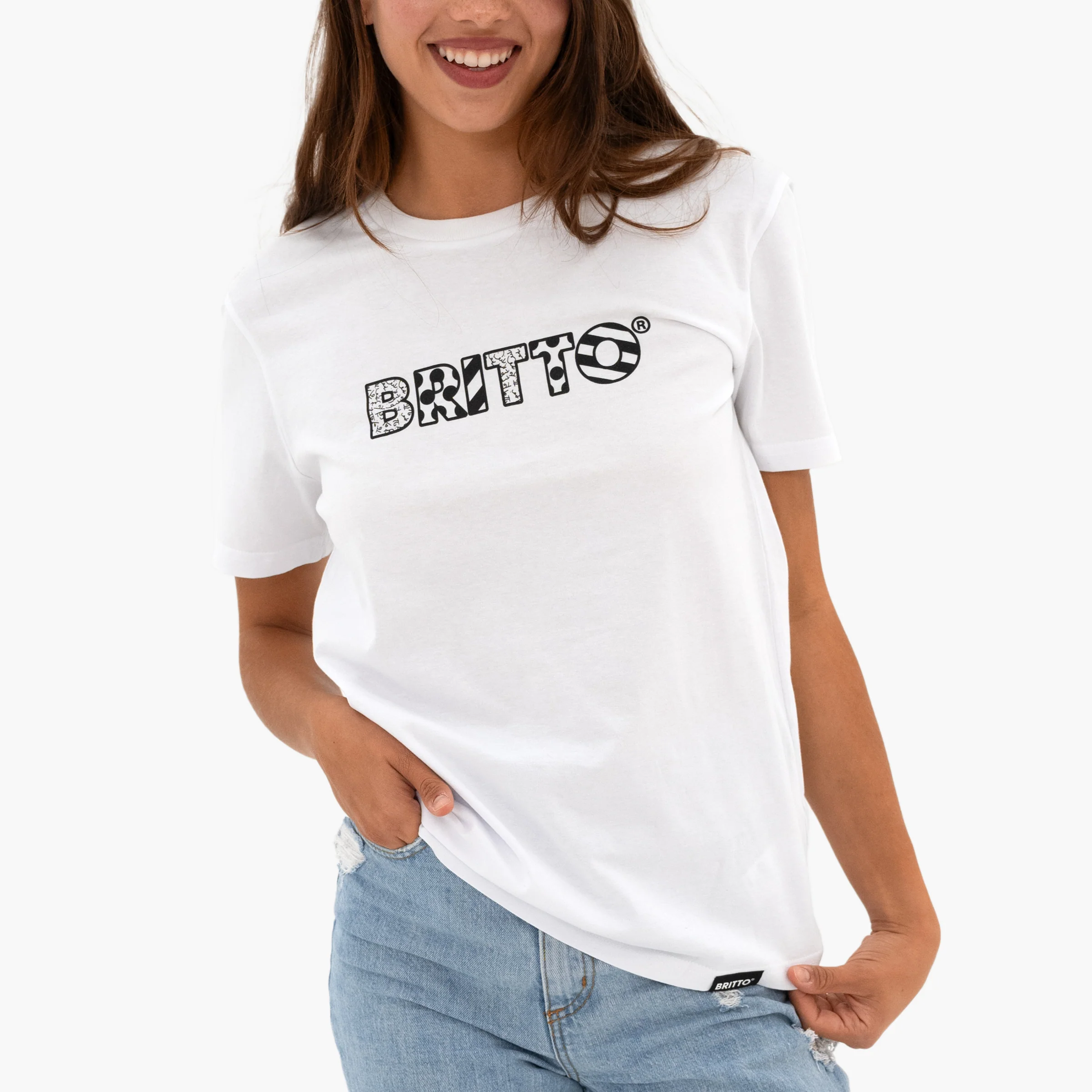 White with Black Pattern Britto T-Shirt For Women