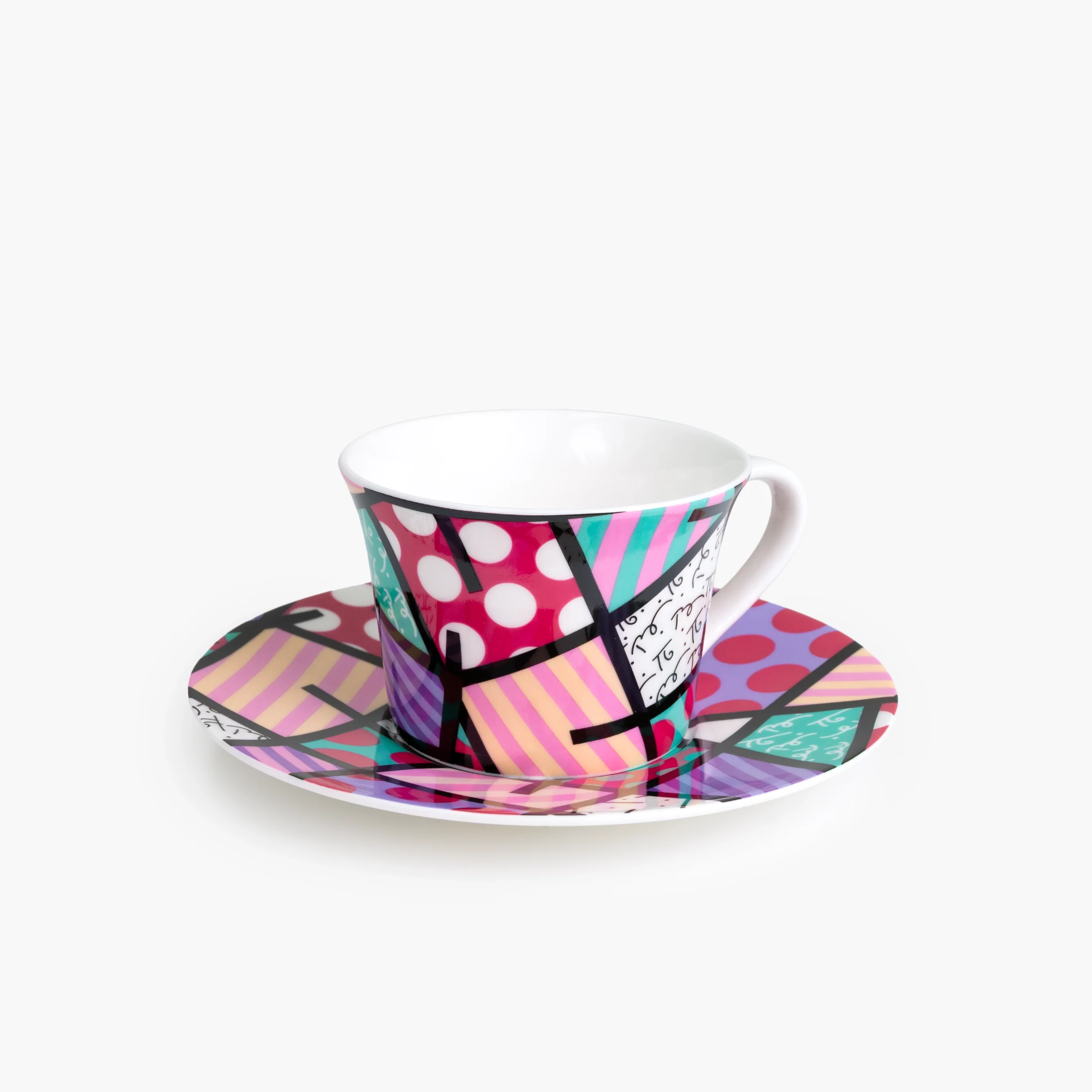 Pink Teal Landscape Britto Tea Cup & Saucer Plate
