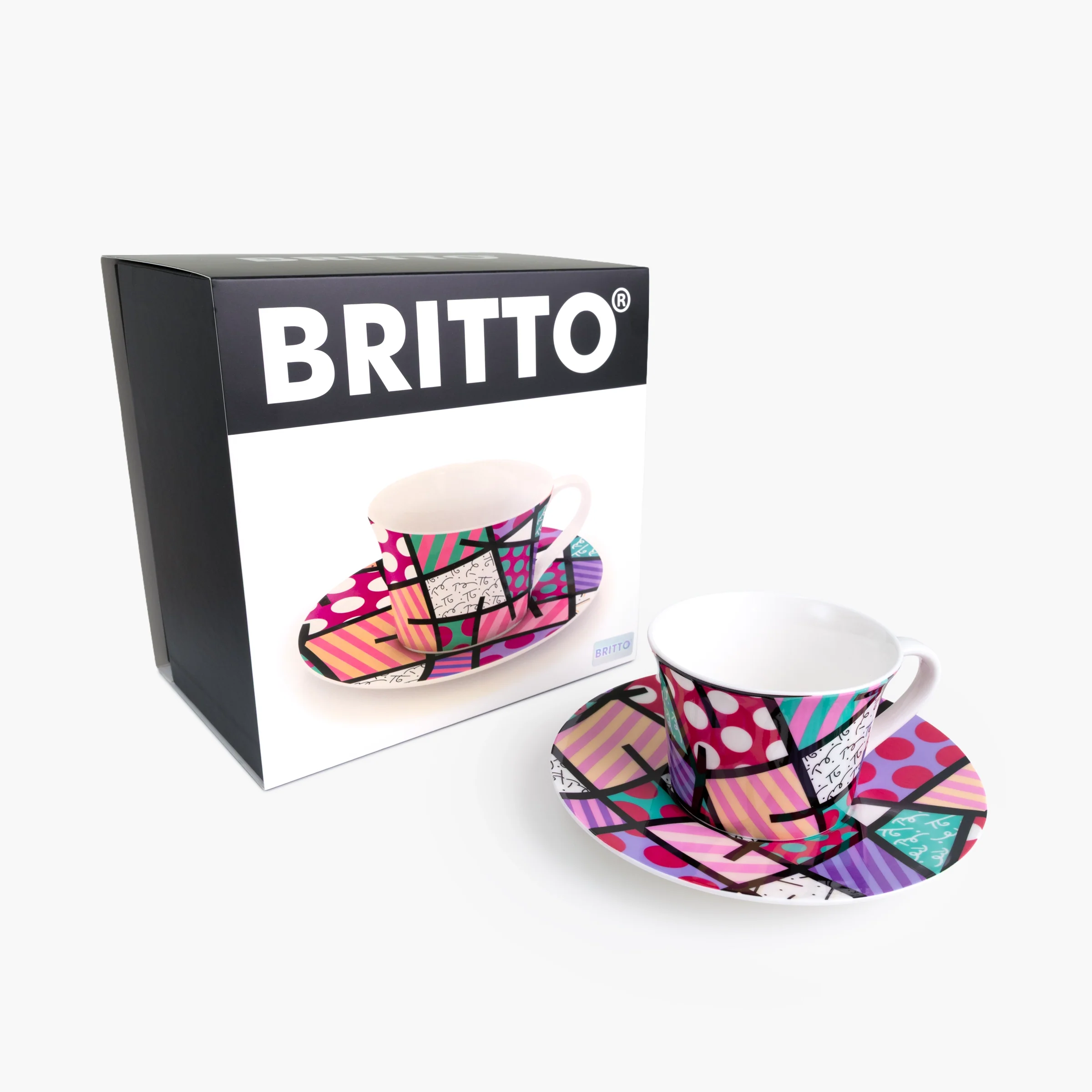 Pink Teal Landscape Britto Tea Cup & Saucer Plate - Image 5