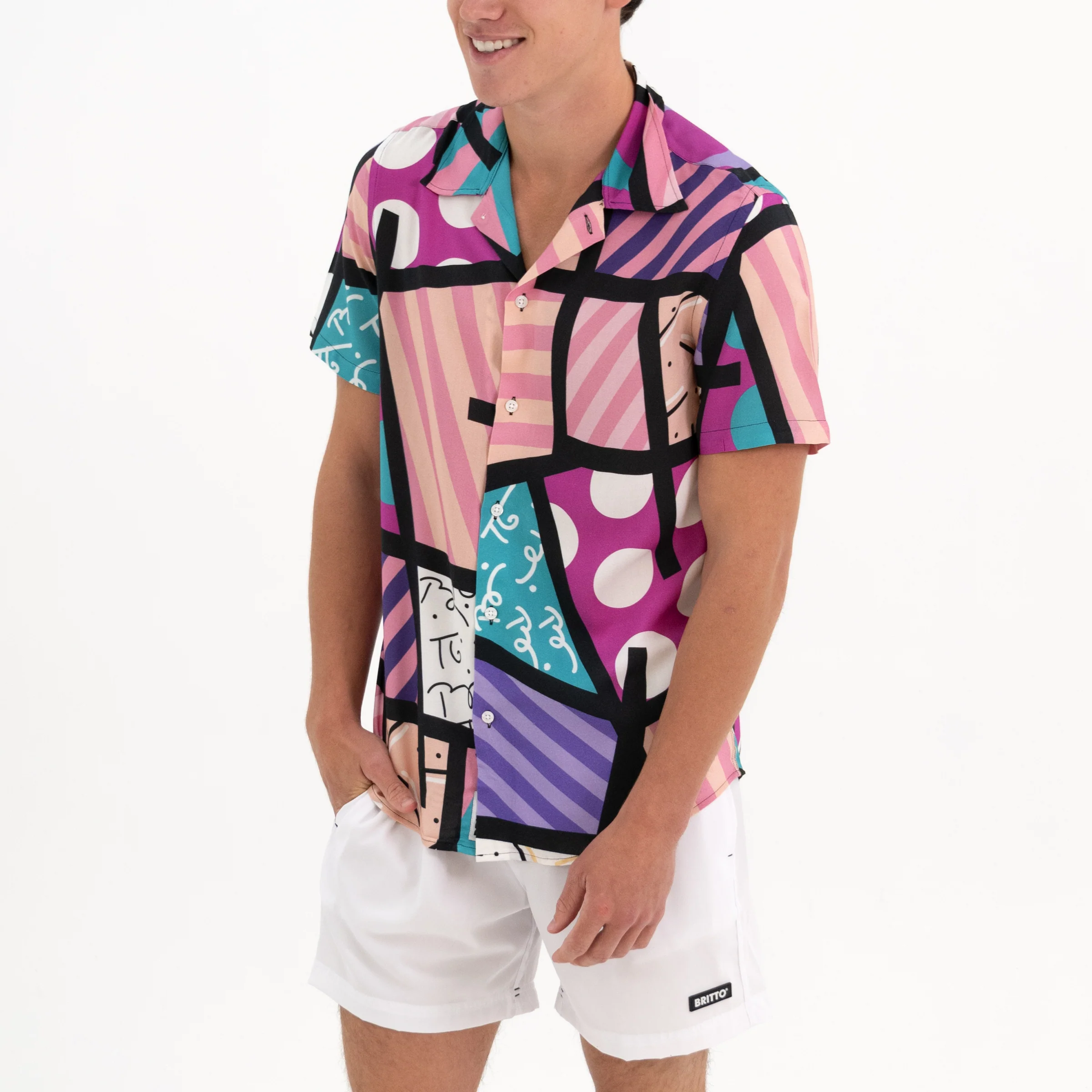 Pink Landscape Men's Short Sleeve Button Down Shirt - Image 10
