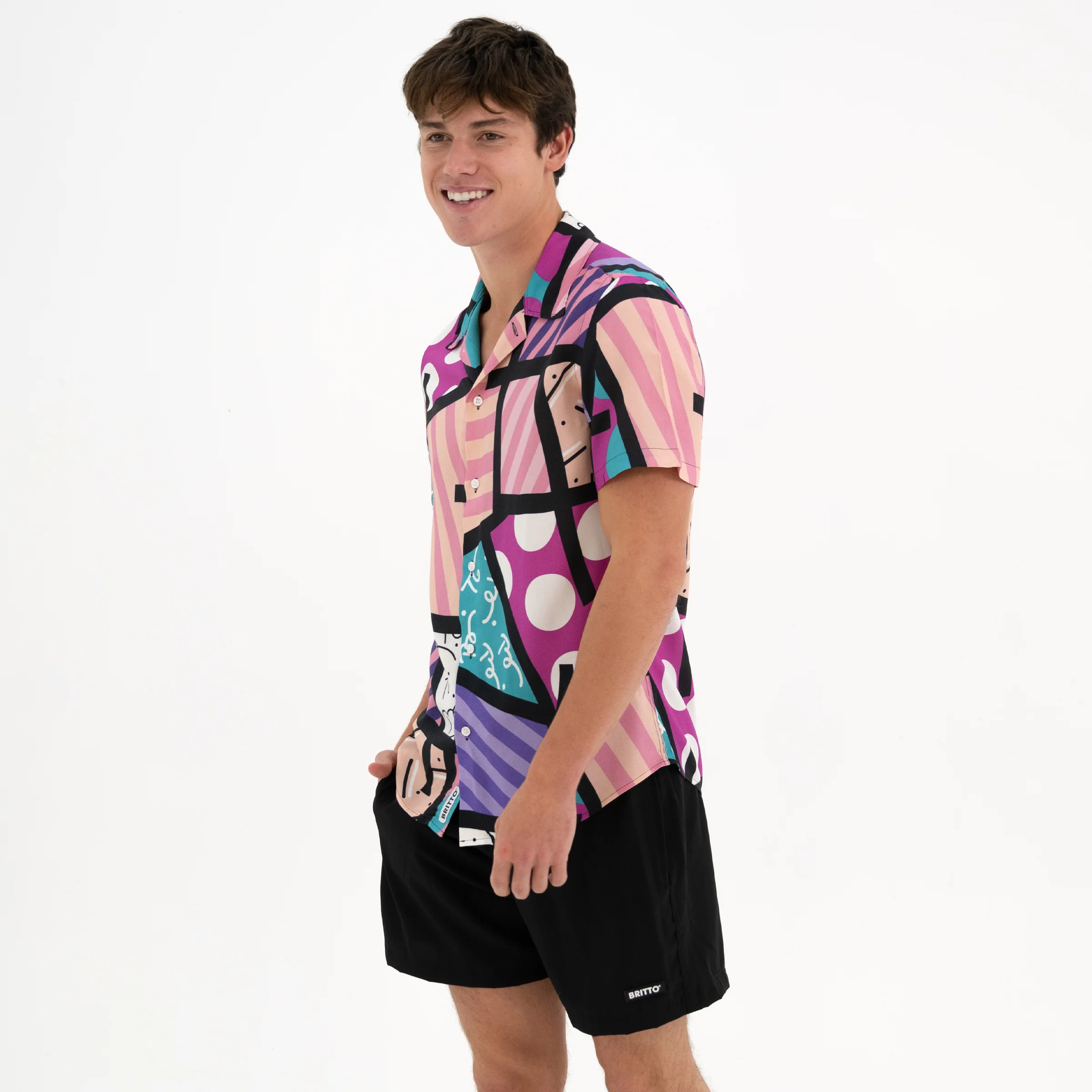 Pink Landscape Men's Short Sleeve Button Down Shirt - Image 11