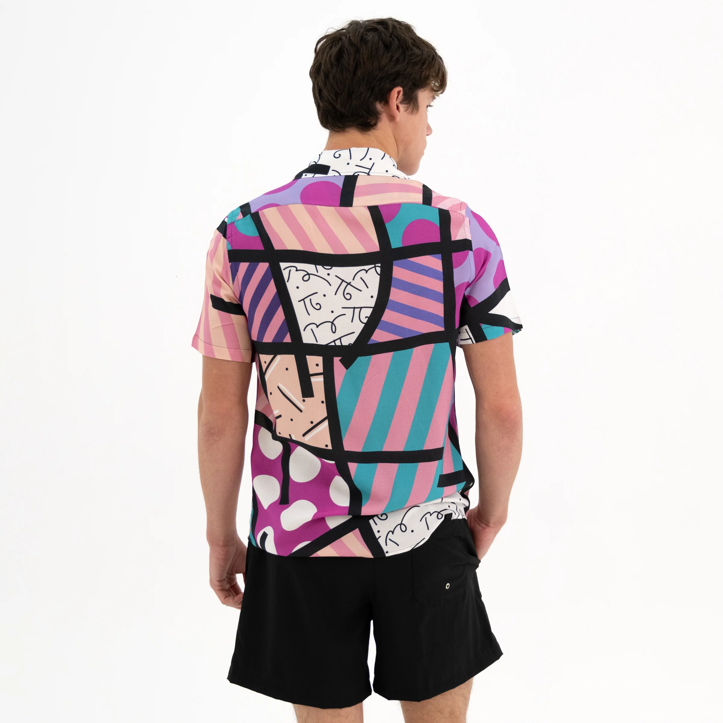 Pink Landscape Men's Short Sleeve Button Down Shirt - Image 12