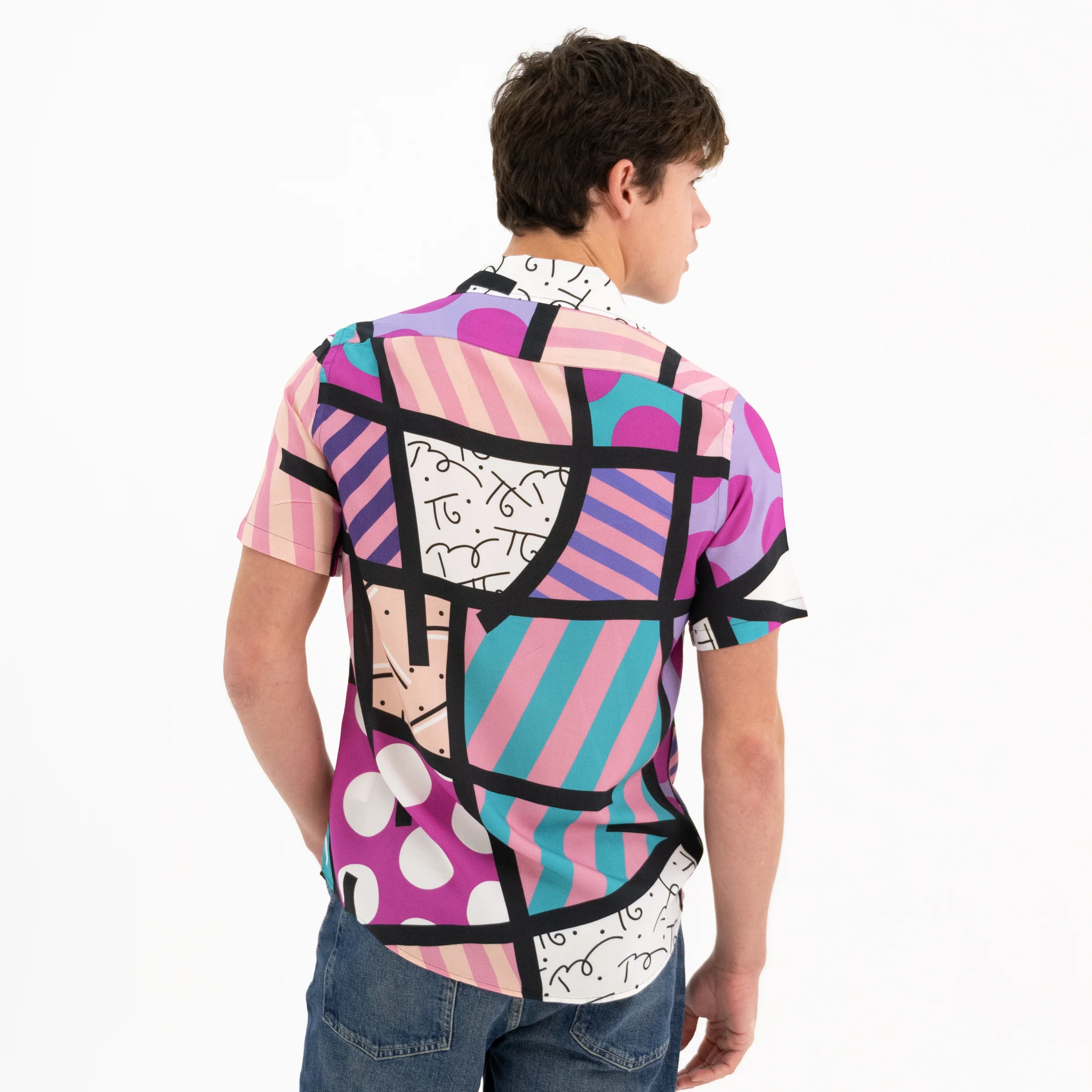 Pink Landscape Men's Short Sleeve Button Down Shirt - Image 3