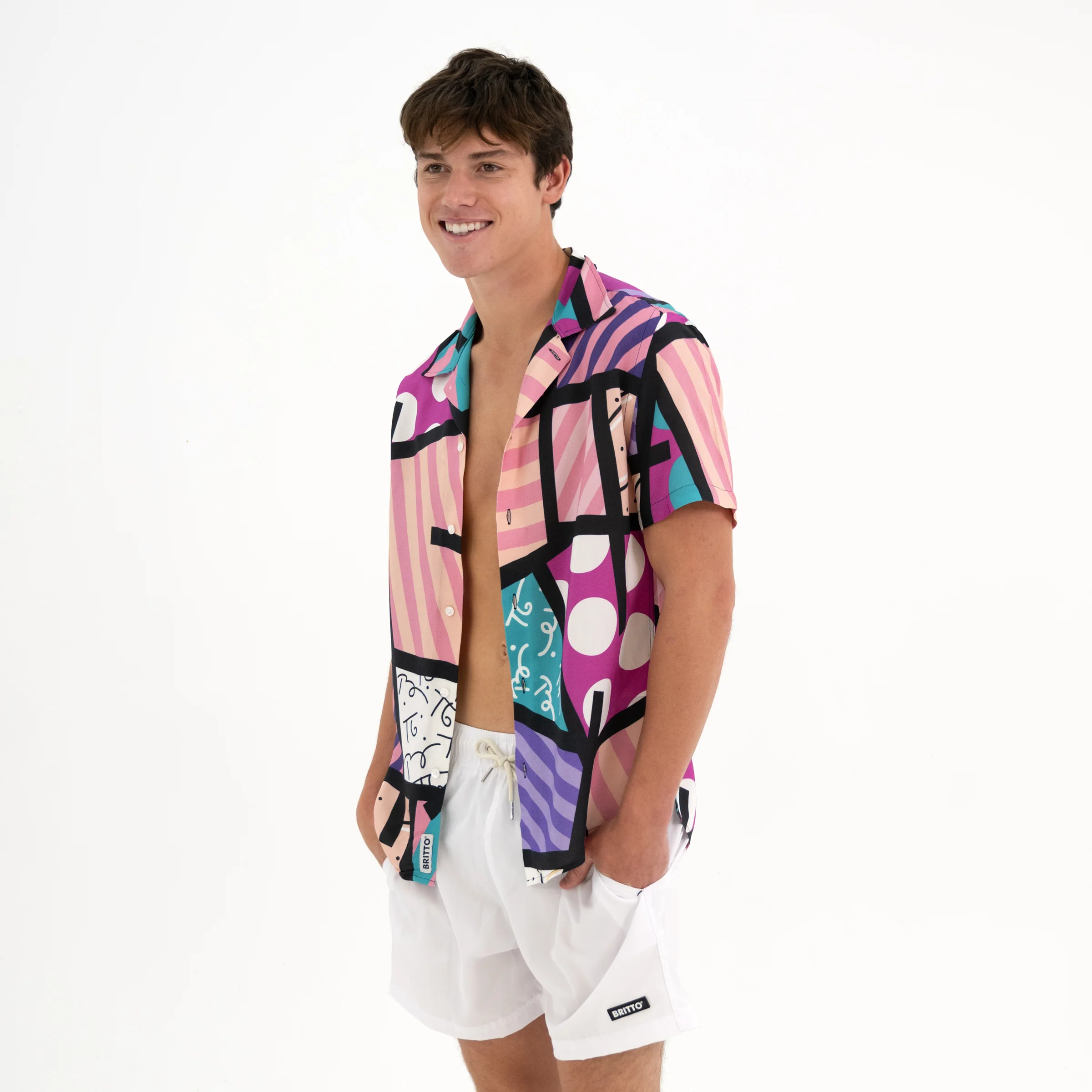 Pink Landscape Men's Short Sleeve Button Down Shirt - Image 9