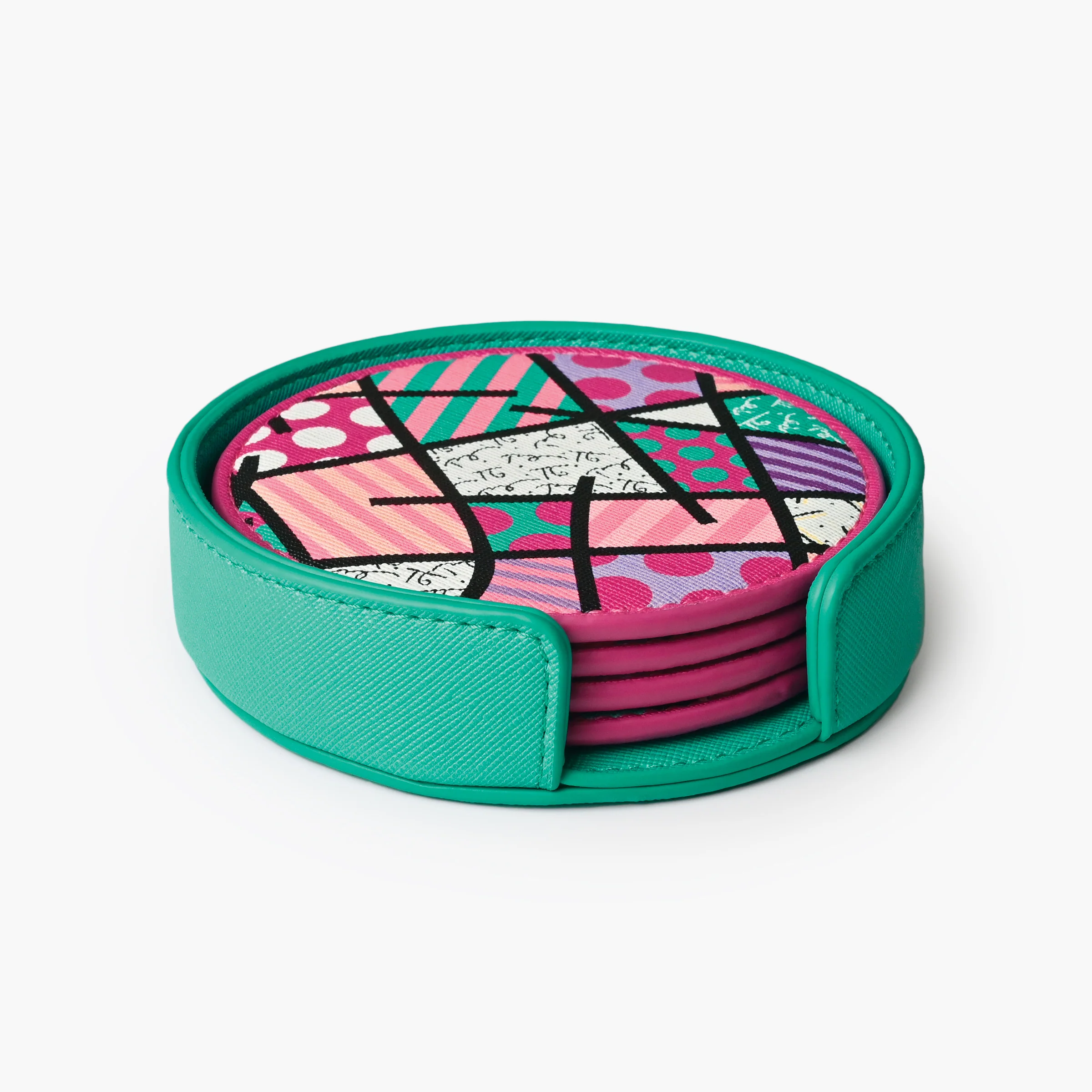Pink Landscape Britto Round Leather Coasters - Image 3