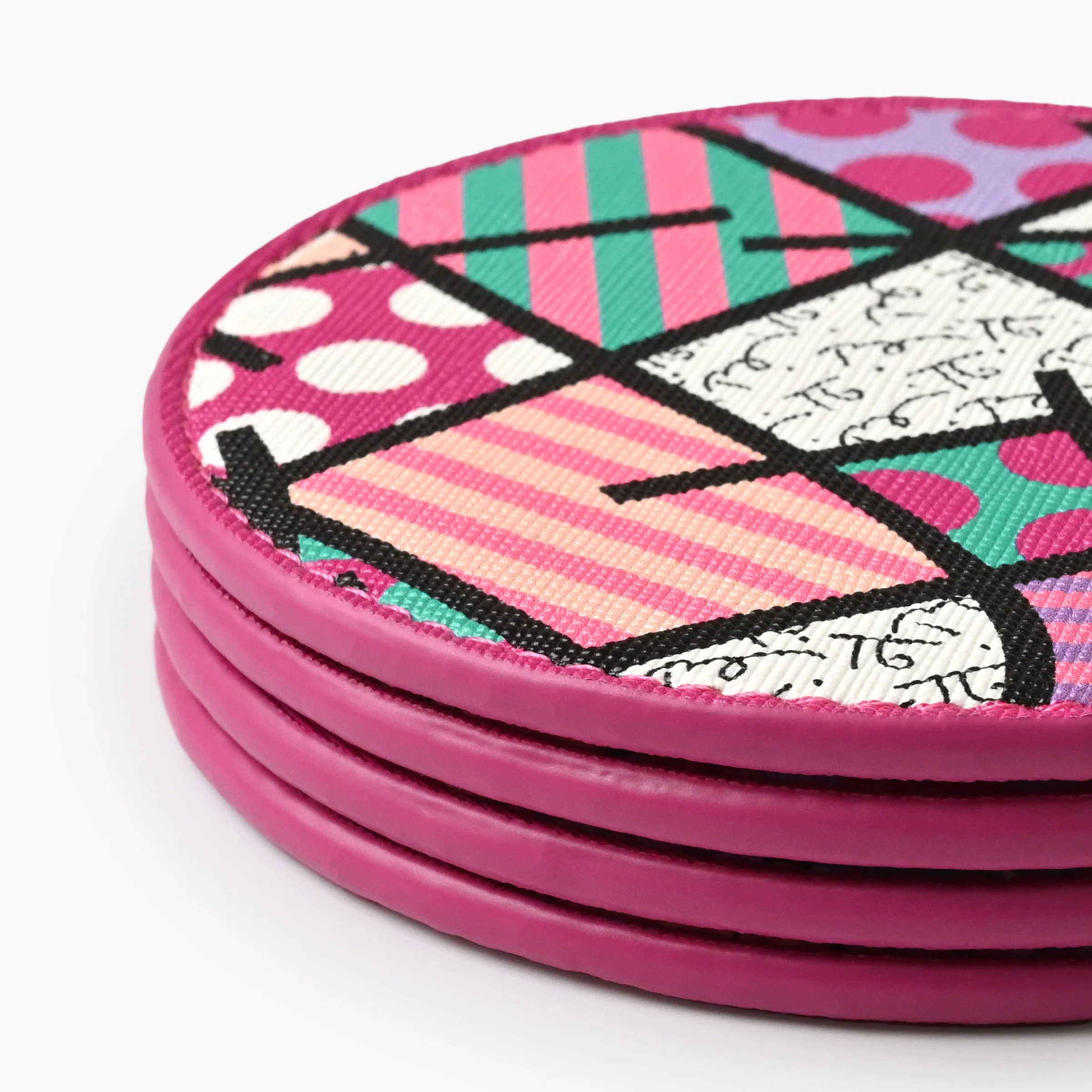 Pink Landscape Britto Round Leather Coasters - Image 4
