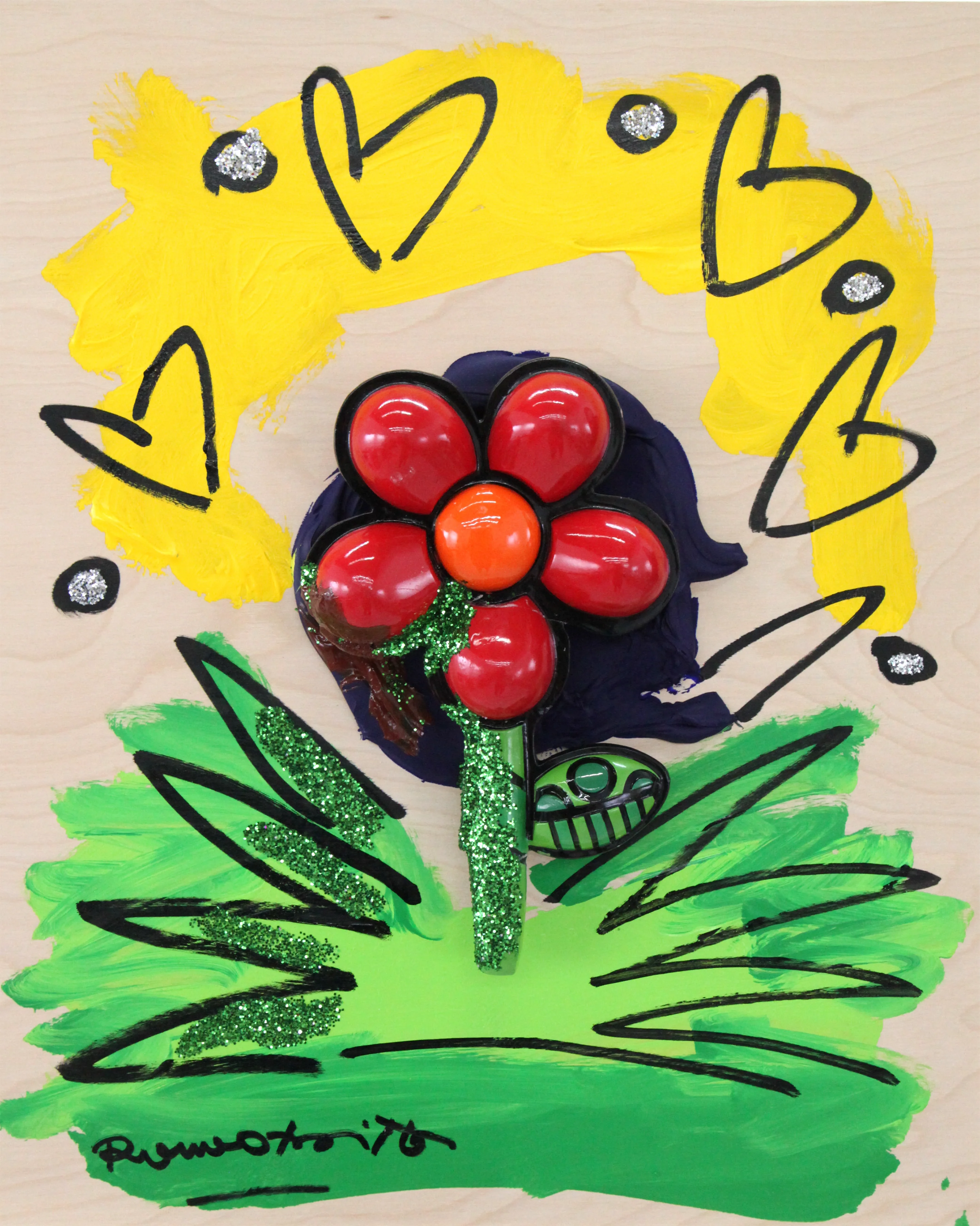 Red Flowers (Assemblage) - Original Object Art